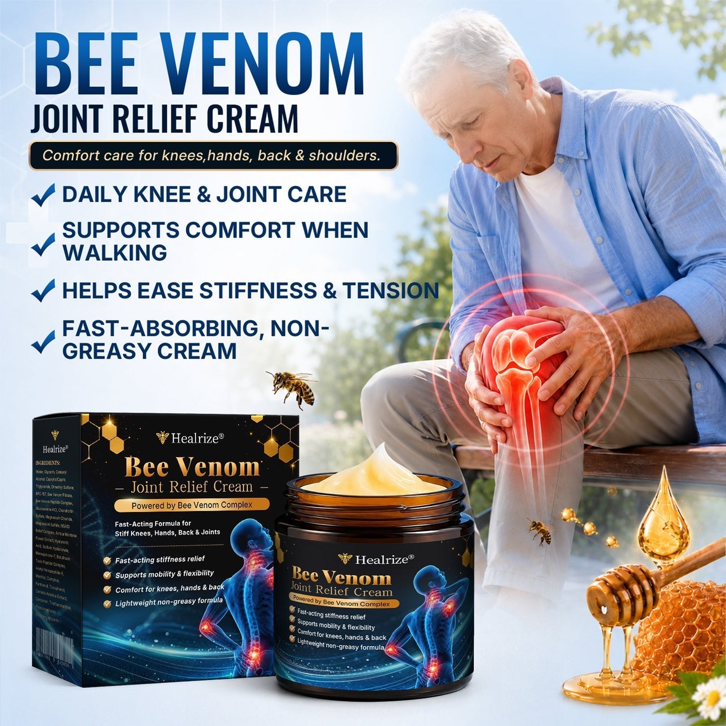 🎁 Healrize® Bee Venom Joint Relief Cream 💪 Fast Acting Formula for Knee, Back & Joint Pain – Restore Comfort & Mobility Quickly